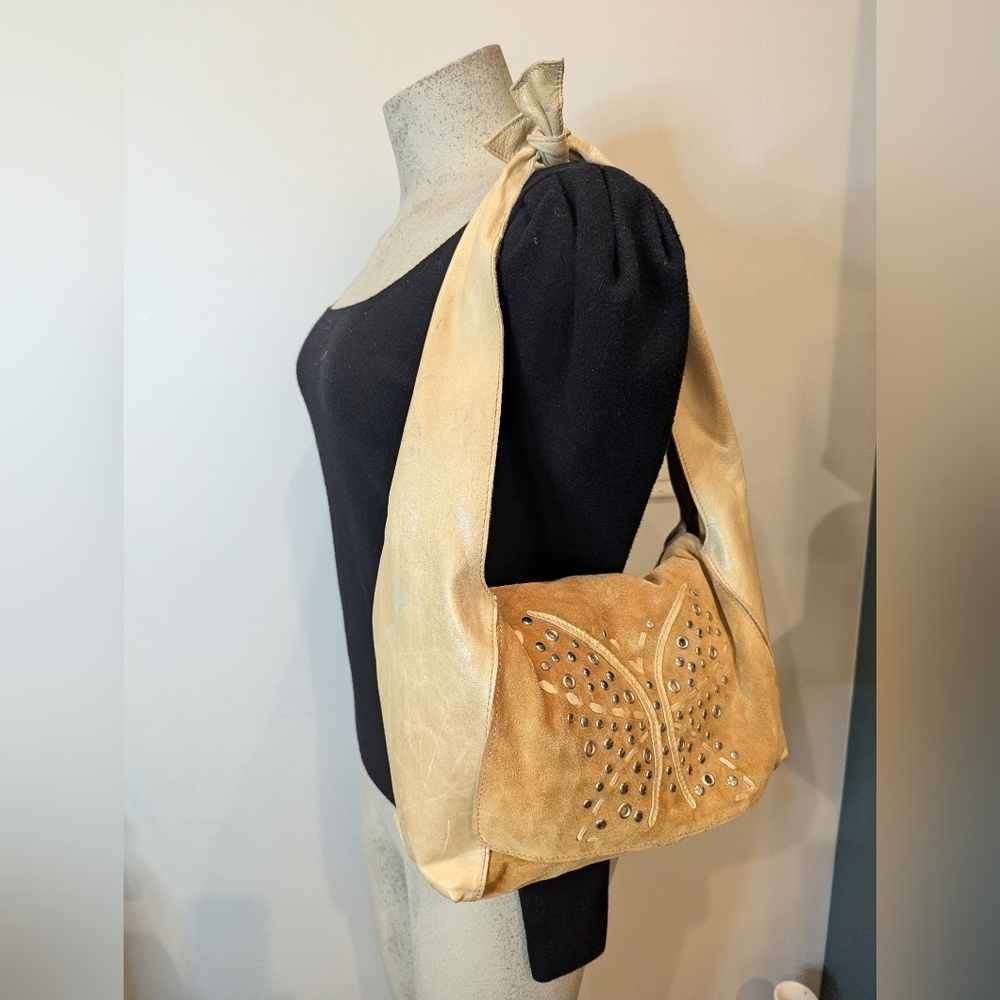 Y2K Arcadia Italy Leather vintage hobo bag gold with butterfly embossing. Rare! - Picture 8 of 15